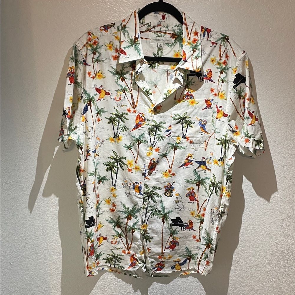 Tricots St. Raphael Men's Hawaiian Shirt Size L Musical Parrots Macaw Tropical